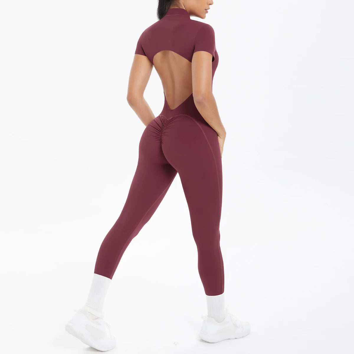 Short Sleeved Backless Fitness Jumpsuit