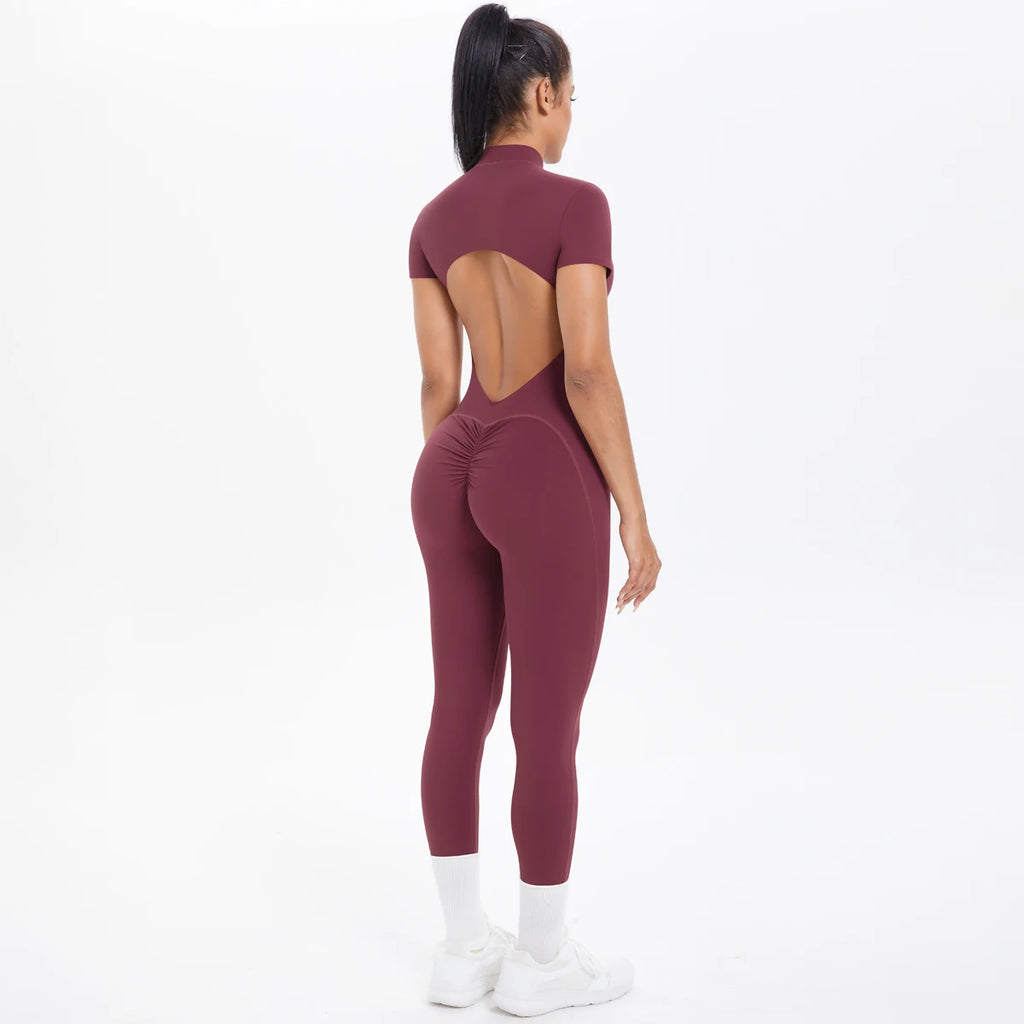 Short Sleeved Backless Fitness Jumpsuit