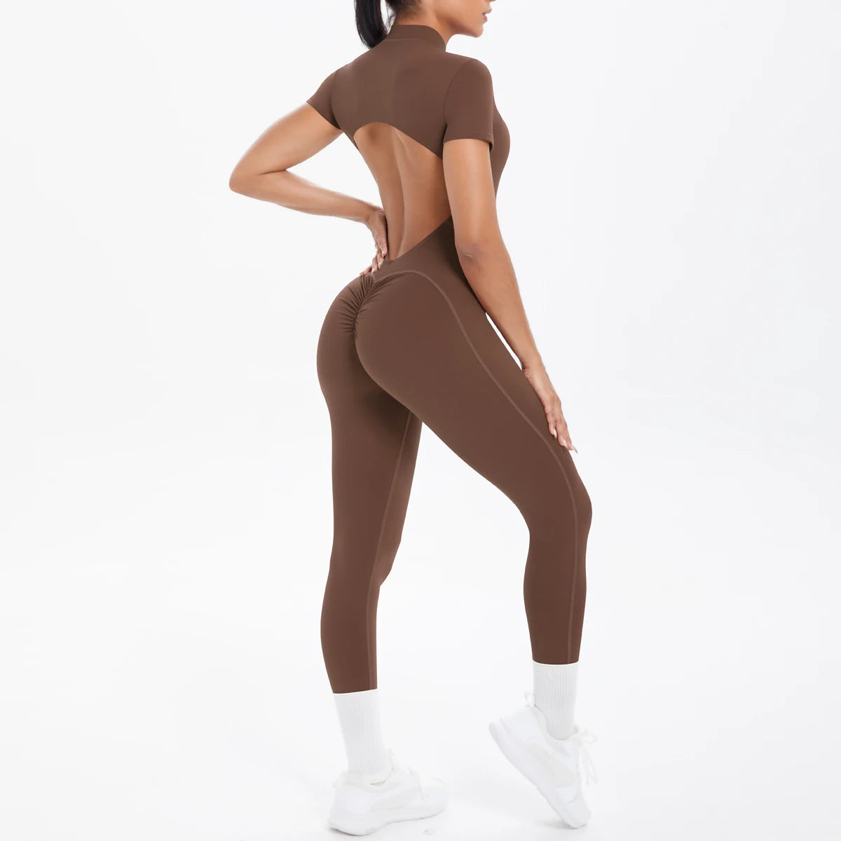 Short Sleeved Backless Fitness Jumpsuit