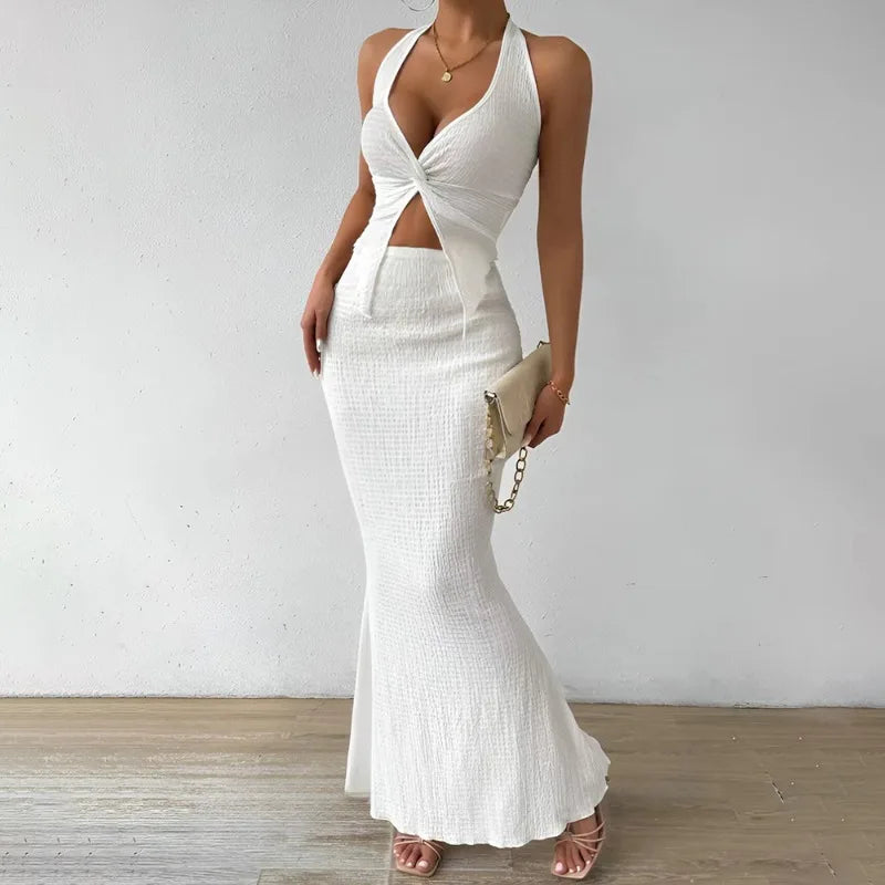 White Long Skirt Two Piece Set