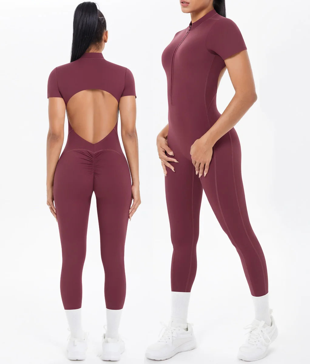 Short Sleeved Backless Fitness Jumpsuit