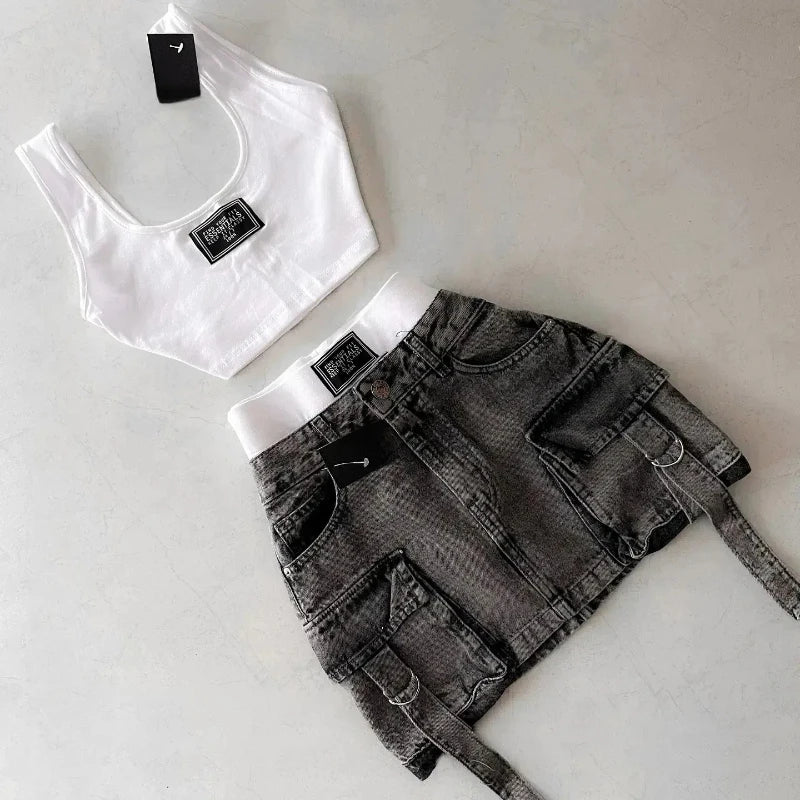Y2K Denim Skirt Set- Streetwear