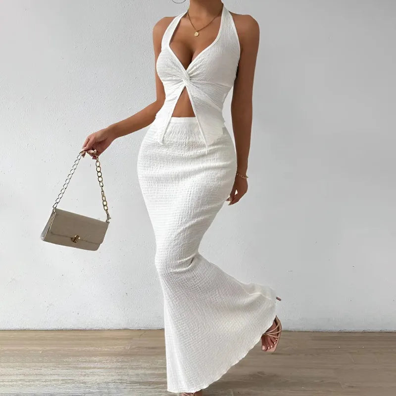 White Long Skirt Two Piece Set