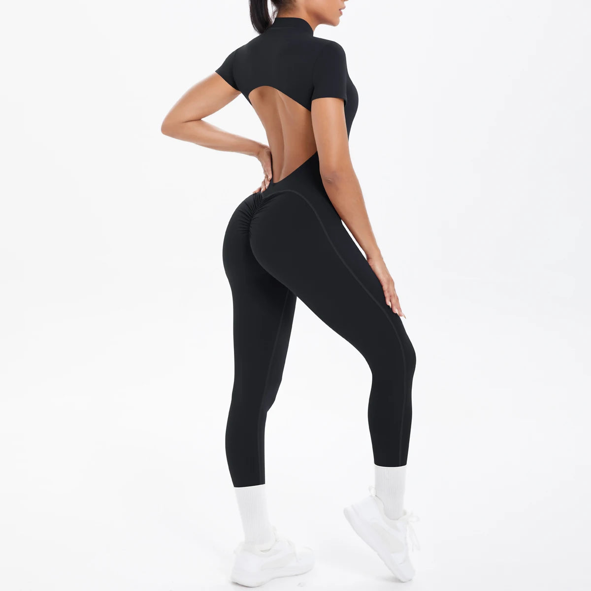 Short Sleeved Backless Fitness Jumpsuit