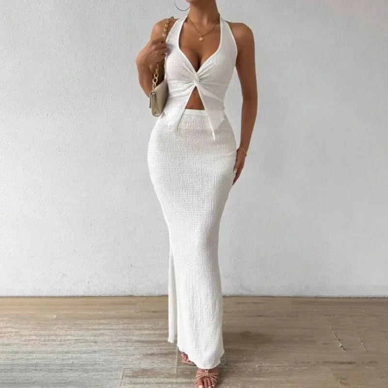 White Long Skirt Two Piece Set