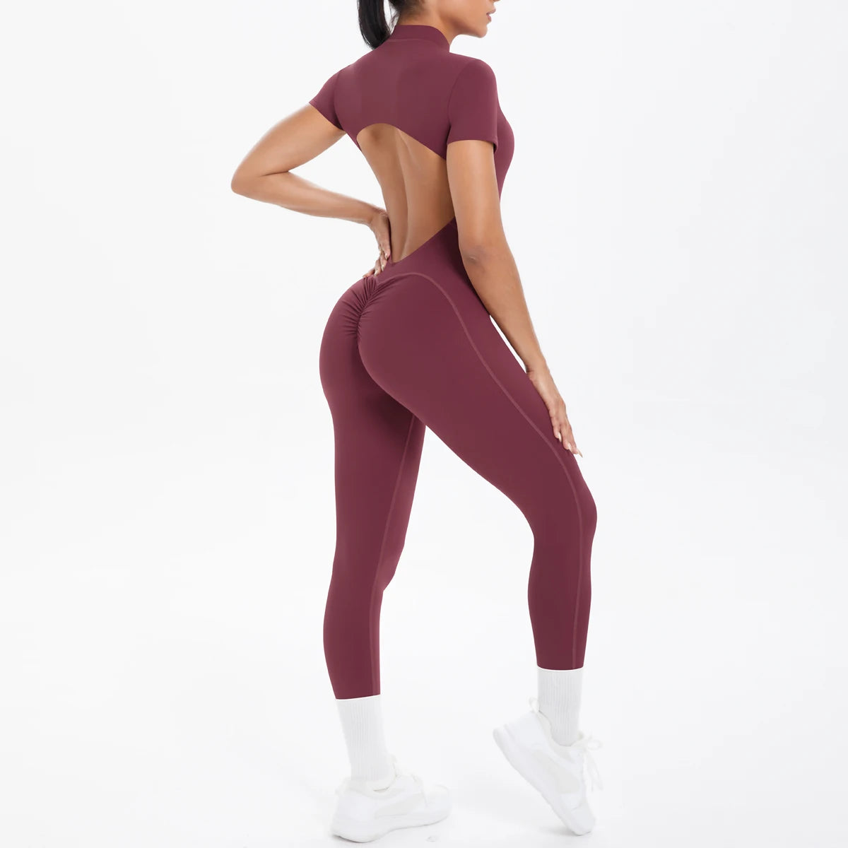 Short Sleeved Backless Fitness Jumpsuit