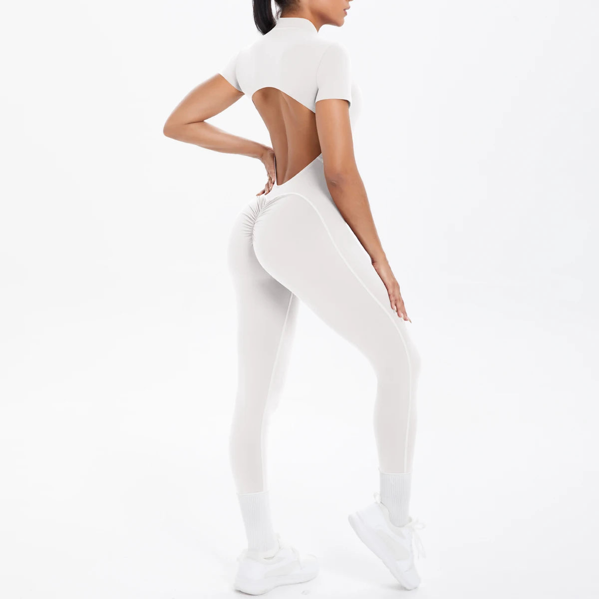 Short Sleeved Backless Fitness Jumpsuit