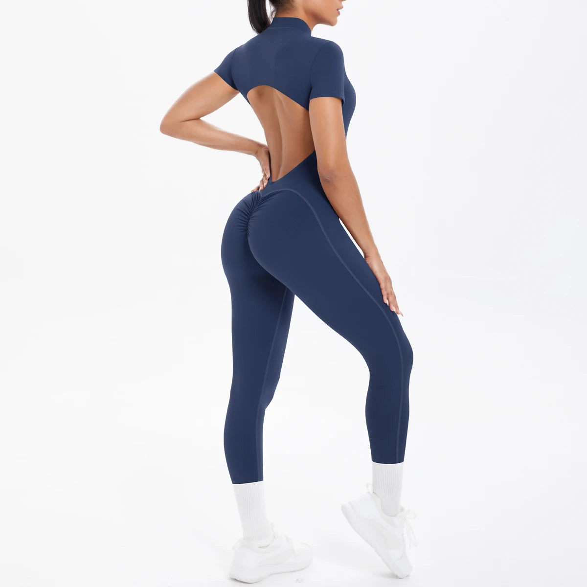 Short Sleeved Backless Fitness Jumpsuit