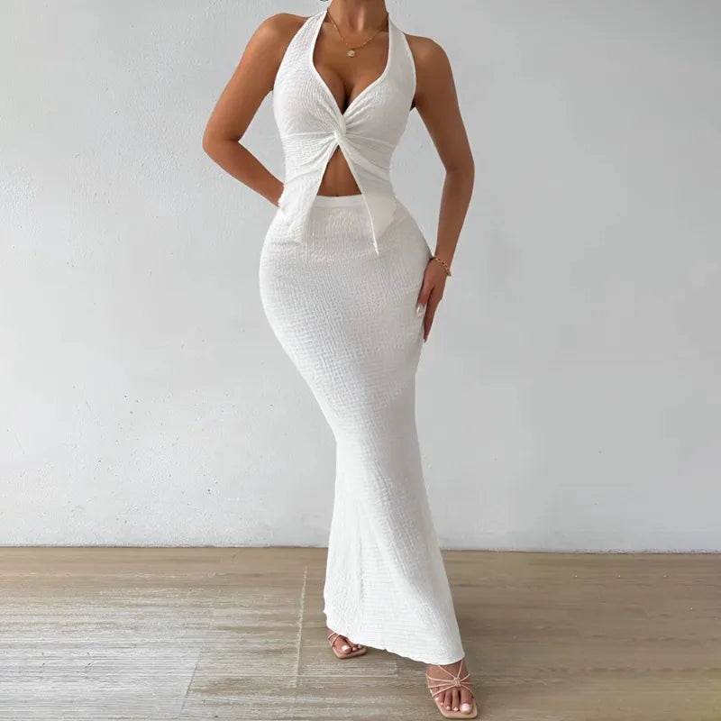 White Long Skirt Two Piece Set